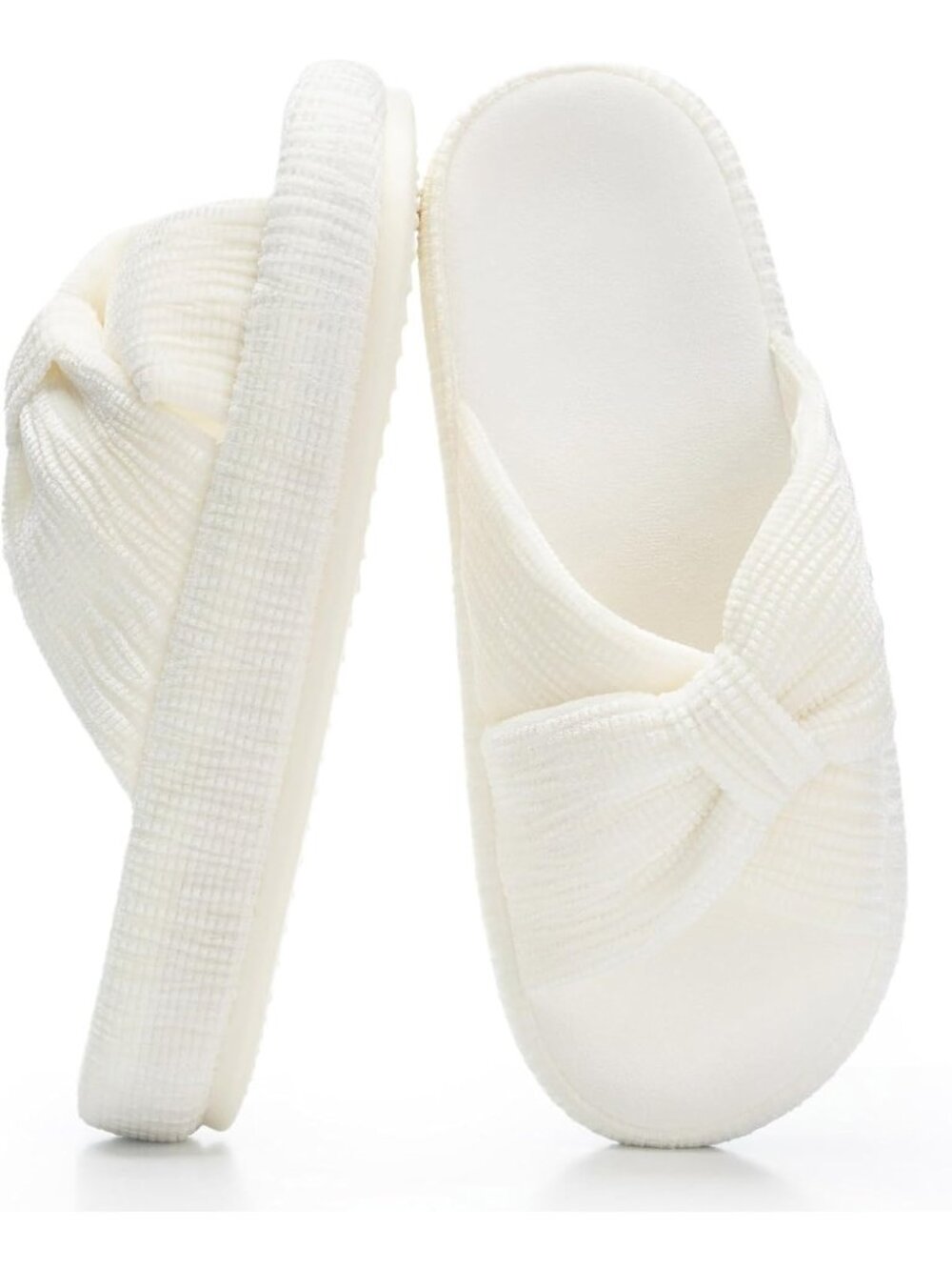 Women's Pearlescent White Memory Foam Corduroy Bow Crossbands Comfy Slippers